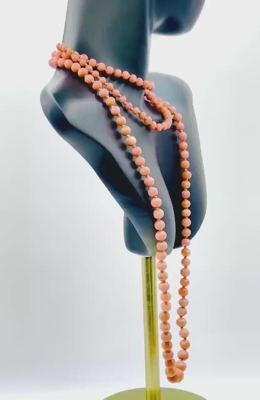 Antique Mediterranean Angel Skin Coral Graduated Opera Necklace, 14k Gold Clasp, Early 20th Century