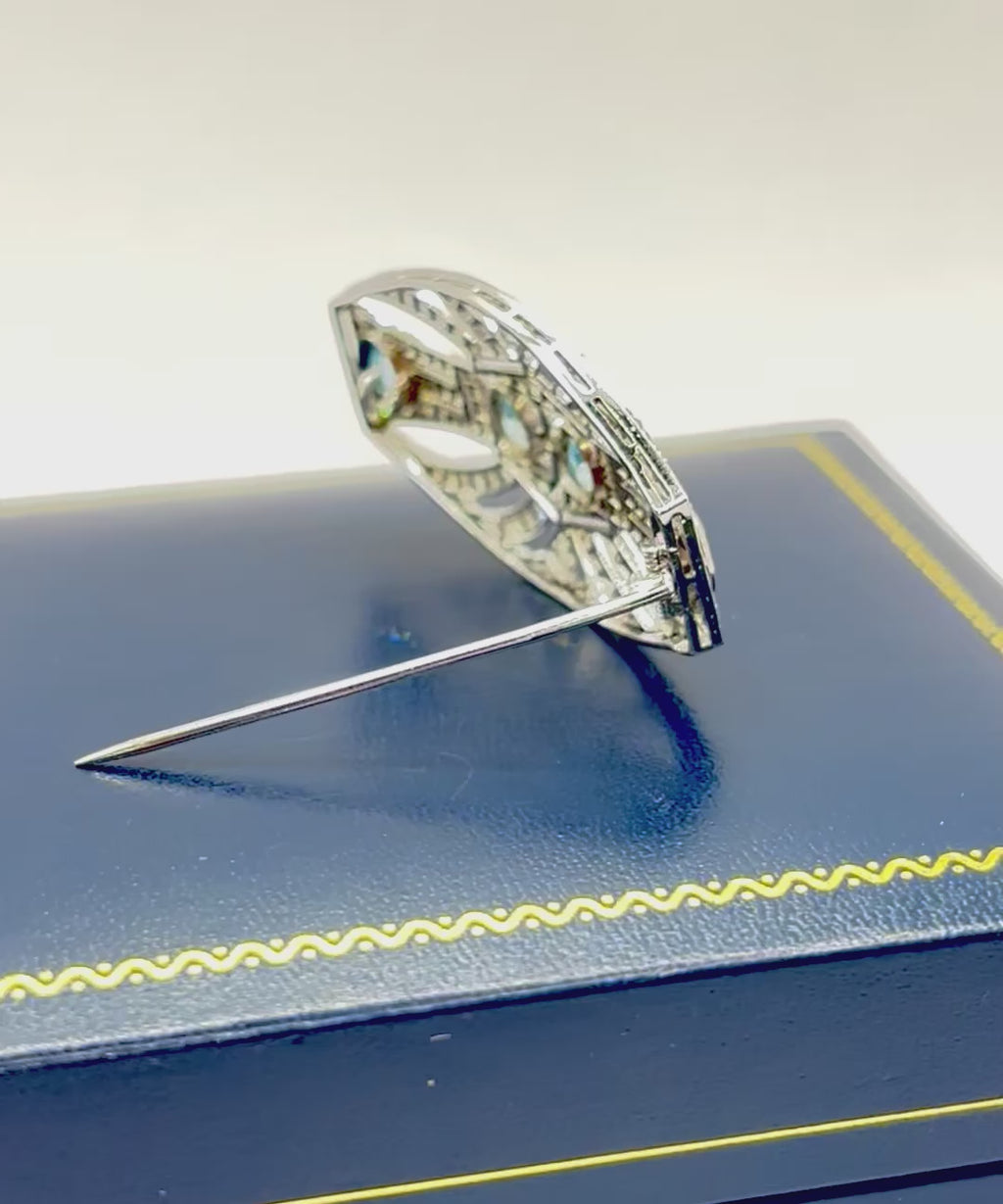 ART DECO PLATINUM, 18K Gold, Diamonds and Aquamarines Brooch c1920’s