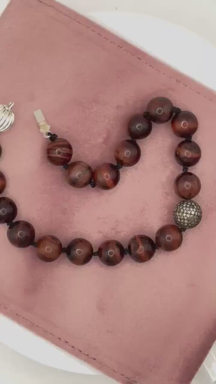 Bull’s Eye Tiger Iron Bead Bracelet with Diamond Pavé Sterling Silver Sphere, 24cm