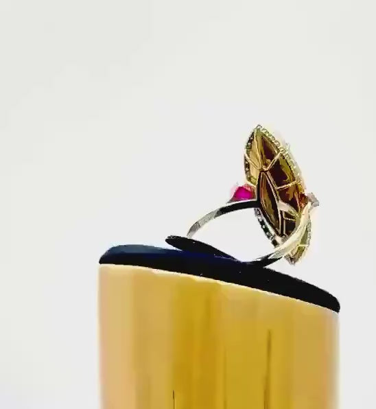 Ethiopian Opal with Diamonds and Rubies Ring in 14K Gold