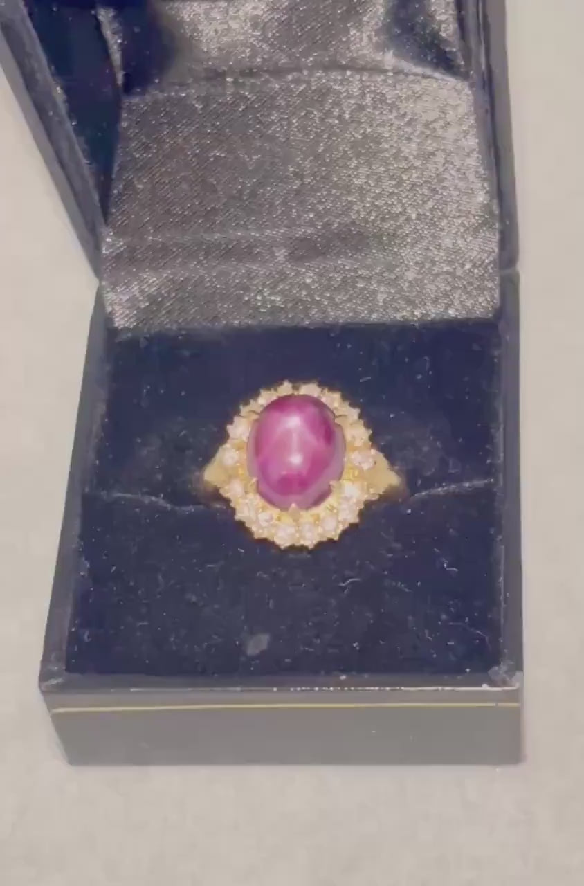 Large 8.50ct Natural Unheated Star Ruby Diamond Cluster Ring, GCS Certified, 18k Gold