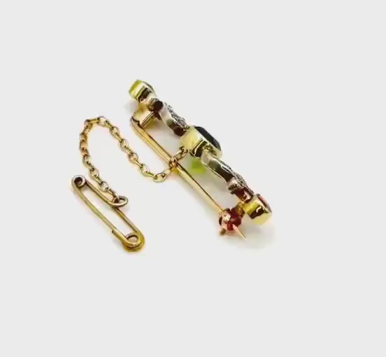 Edwardian Green & Pink Tourmaline and Diamond Bar Brooch, Circa 1900, 14K Gold