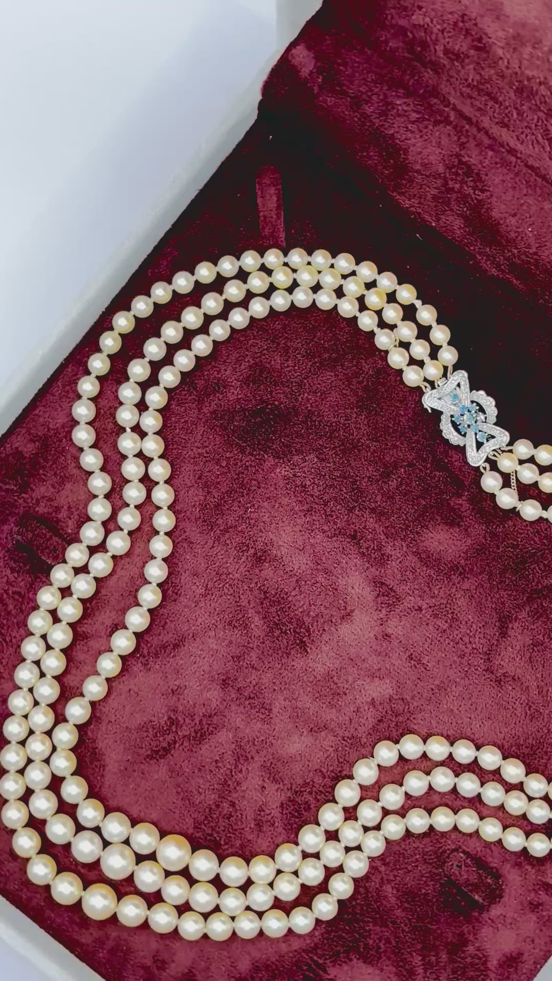 Vintage Triple-Strand Cultured Akoya Pearl Necklace 18K Carat Diamond Sapphire Bow Clasp, Circa 1960’s