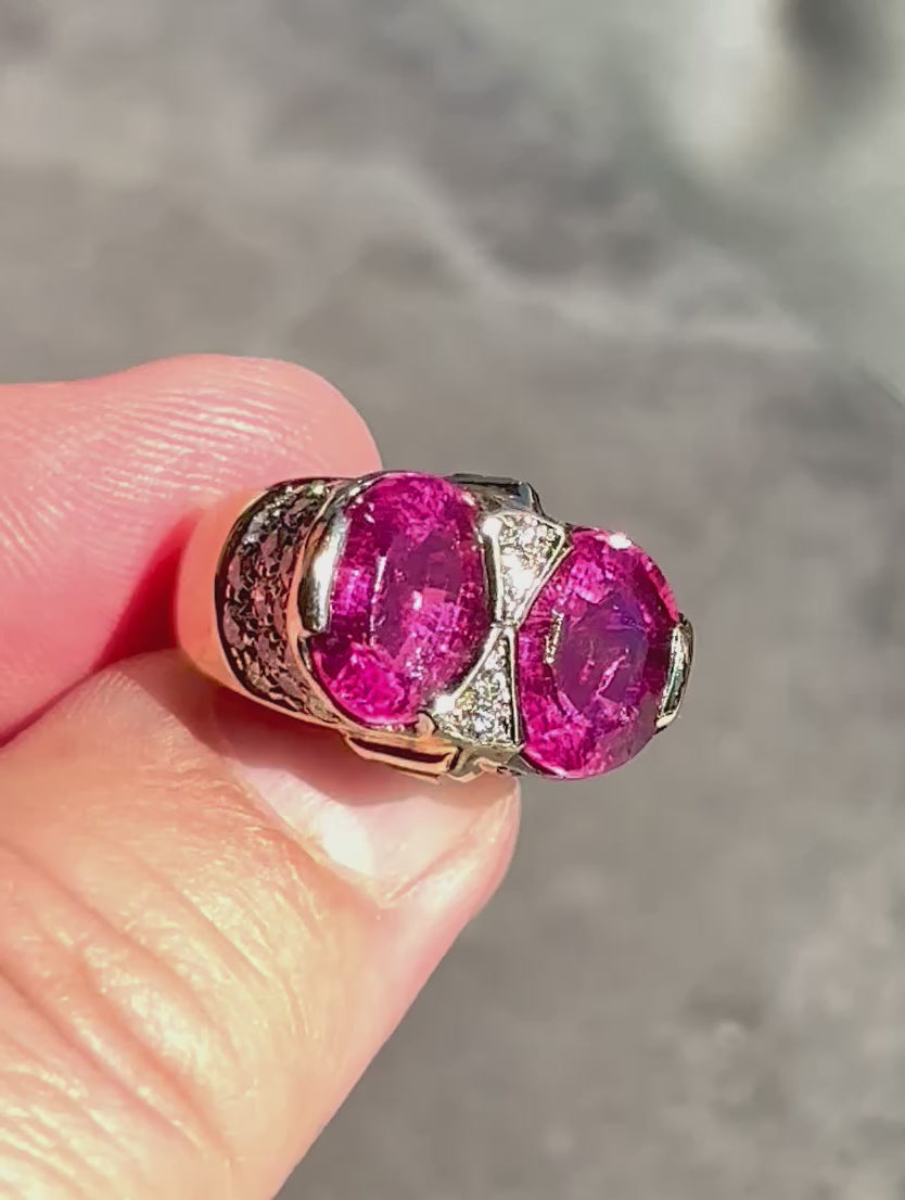 ART DECO STYLE Vintage Pink Tourmalines Diamonds & Sapphires Ring