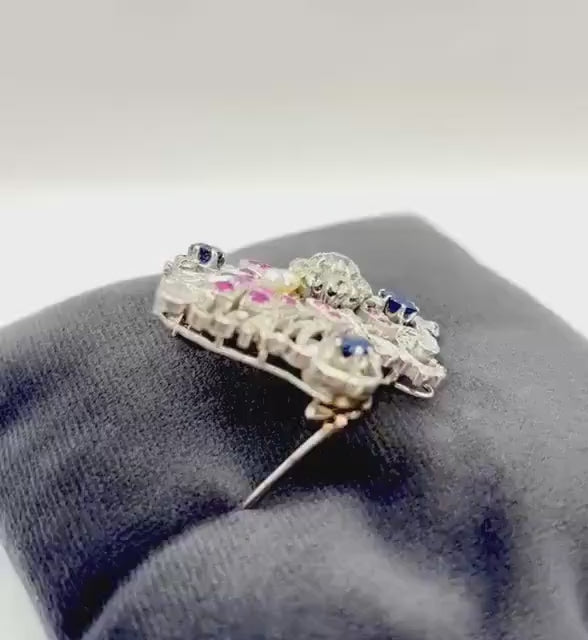 EDWARDIAN PLATINUM BROOCH Diamonds, Sapphires, Rubies & Pearls