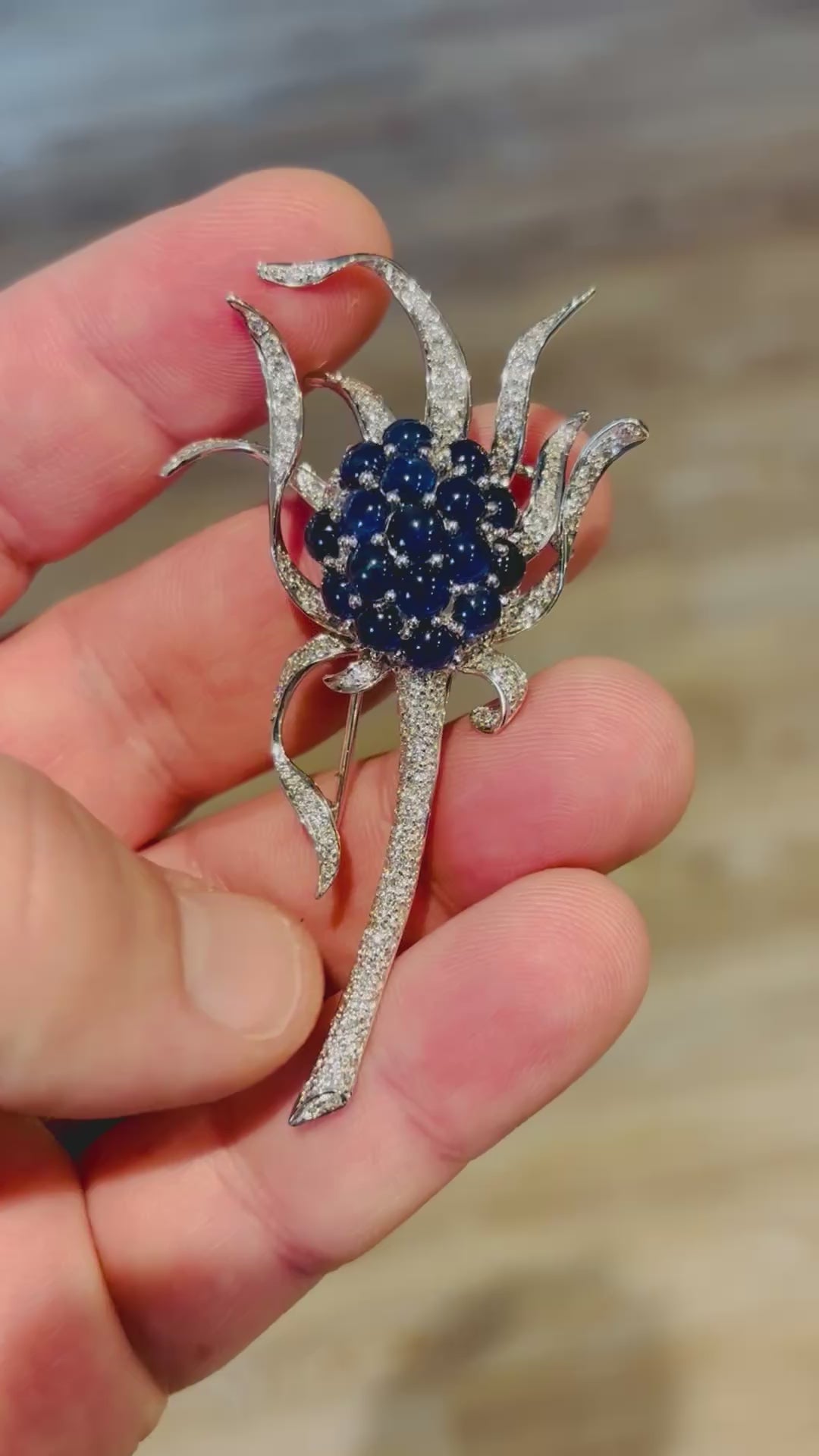 SAPPHIRE & DIAMOND Platinum Thistle Flower Brooch