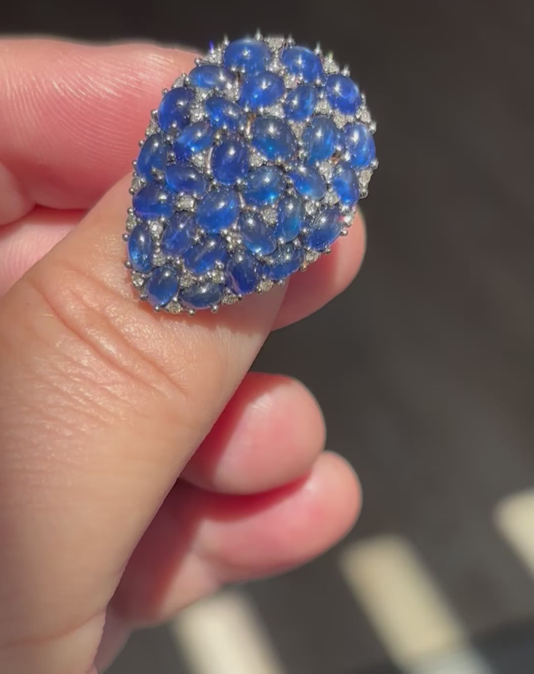 Natural Sapphire Cabochon and Diamond Statement Cocktail Ring, 13 Carats, 18K Gold & SIlver