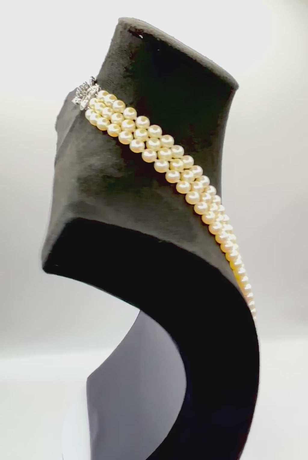 Vintage Triple-Strand Cultured Akoya Pearl Necklace 18K Carat Diamond Sapphire Bow Clasp, Circa 1960’s