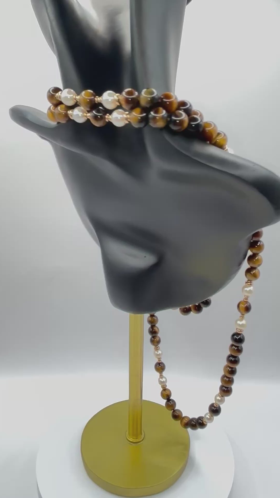 Vintage 90cm Long Tiger’s Eye, Pearl and Gold Continuous Bead Necklace