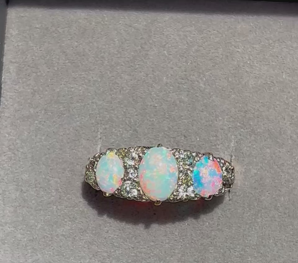 Antique Victorian Australian Opal & Old Cut Diamond Ring, Circa 1890s, 18ct Gold