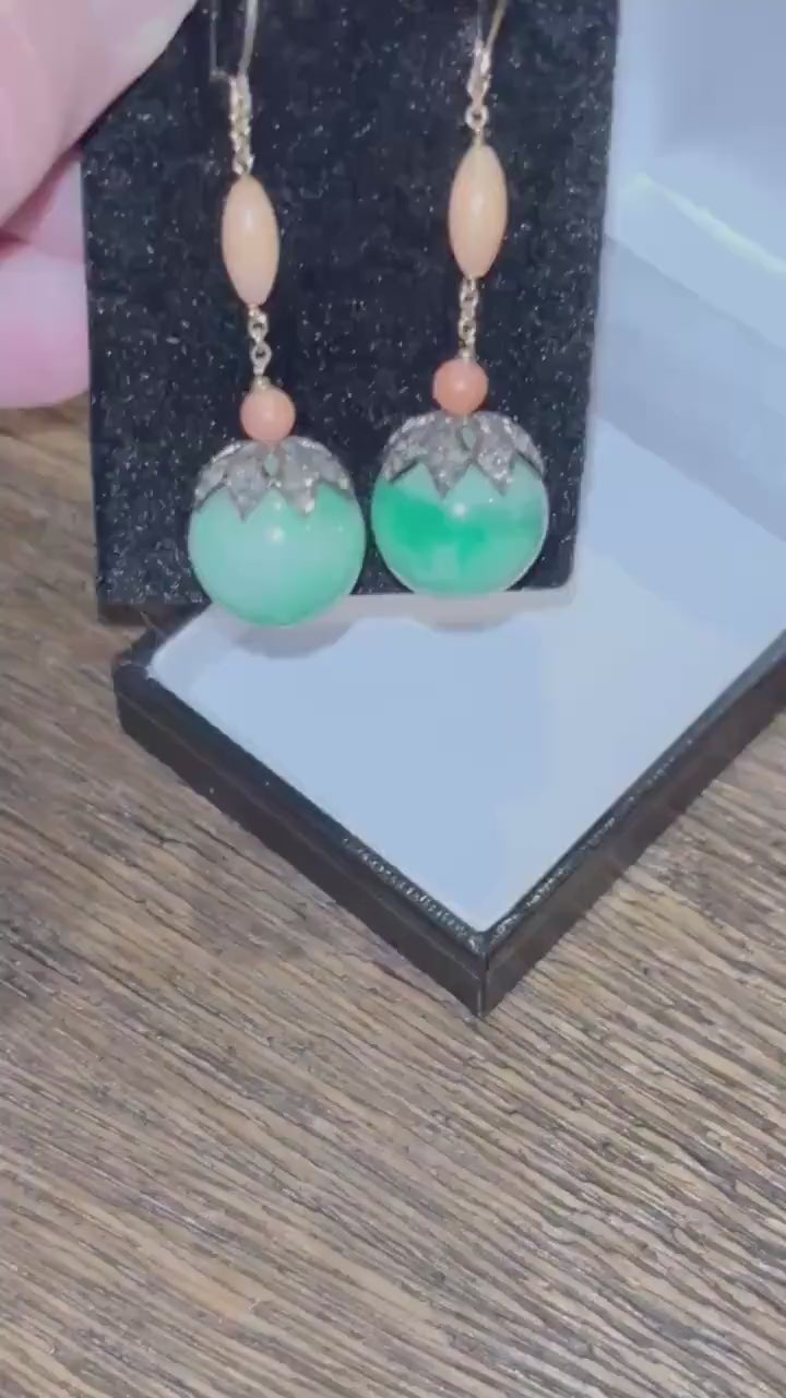 Early 20th Century Jade, Coral & Diamond Drop Earrings in 9 Carat Gold and silver