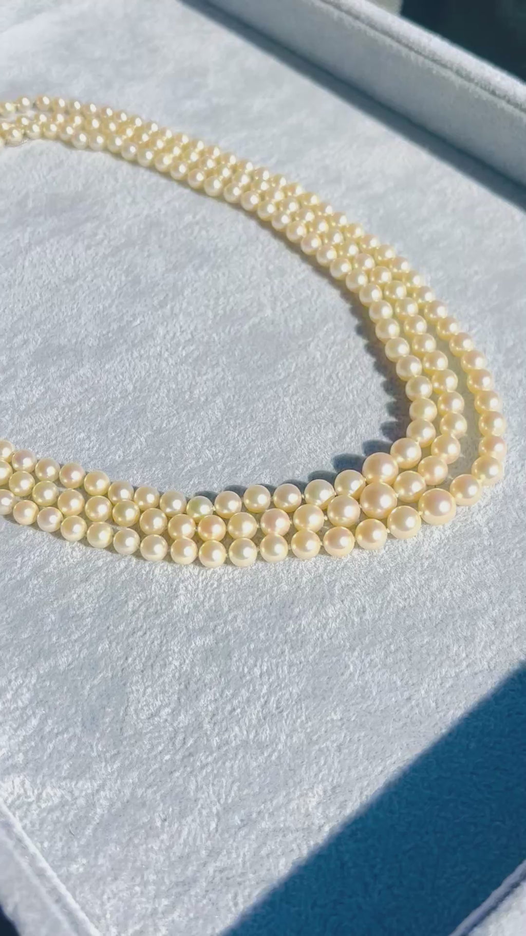 Vintage Triple-Strand Cultured Akoya Pearl Necklace 18K Carat Diamond Sapphire Bow Clasp, Circa 1960’s