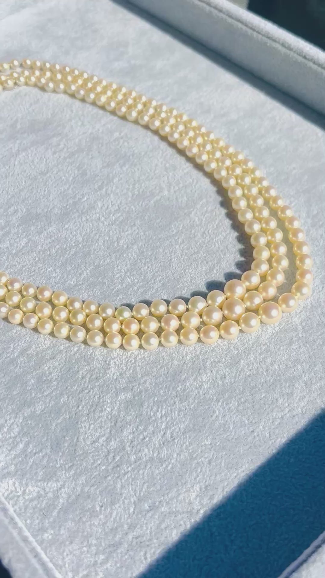 Vintage Triple-Strand Cultured Akoya Pearl Necklace 18K Carat Diamond Sapphire Bow Clasp, Circa 1960’s
