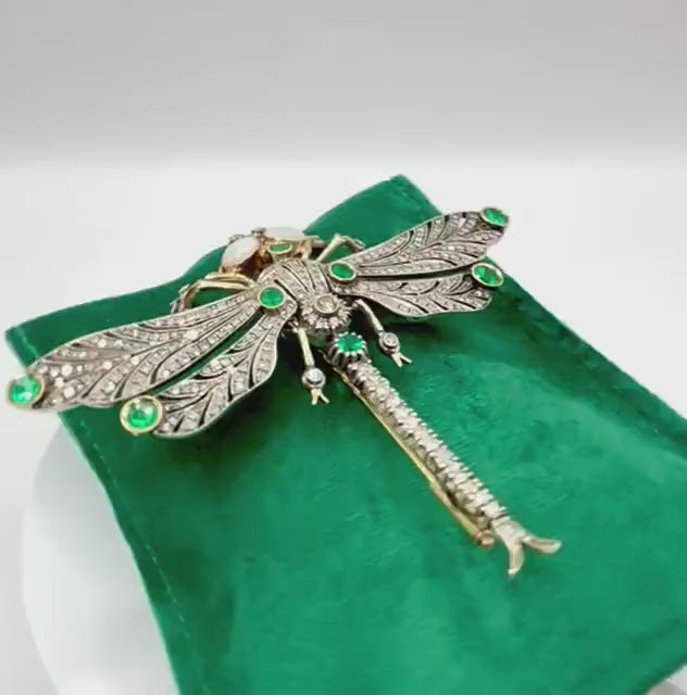 Antique French Diamond, Emerald & Opal En Tremblant Dragonfly Brooch, c.1930–1940