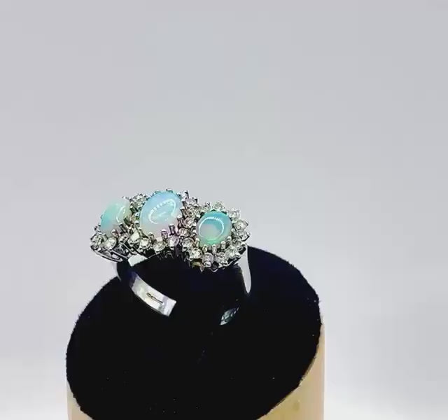 Victorian Style 18ct White Gold Opal Diamond Trilogy Ring 0.50ct