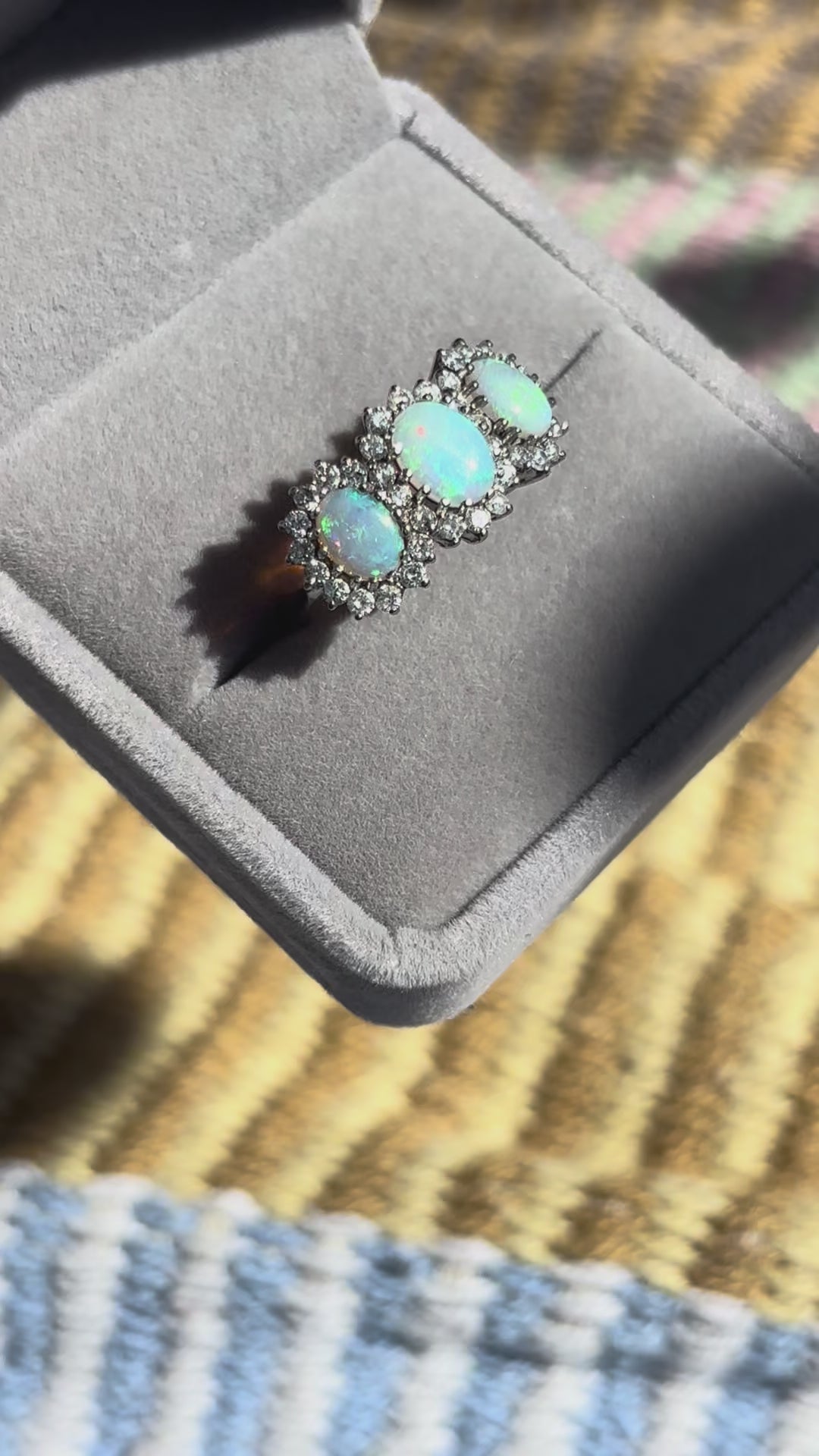 Victorian Style 18ct White Gold Opal Diamond Trilogy Ring 0.50ct