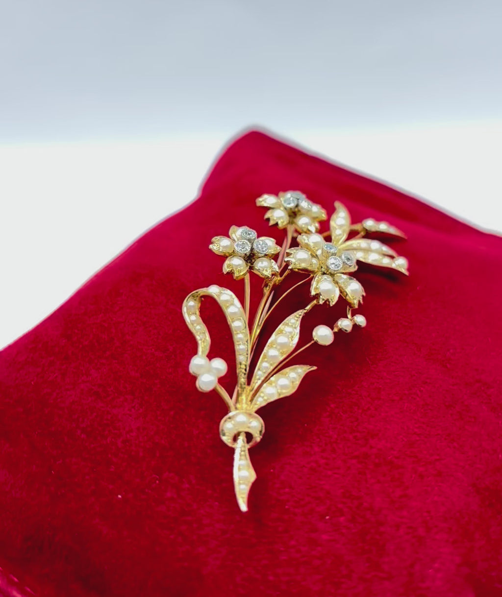 Victorian Pearl Diamond Floral Spray Brooch, 15 Carat Gold, Circa 1880