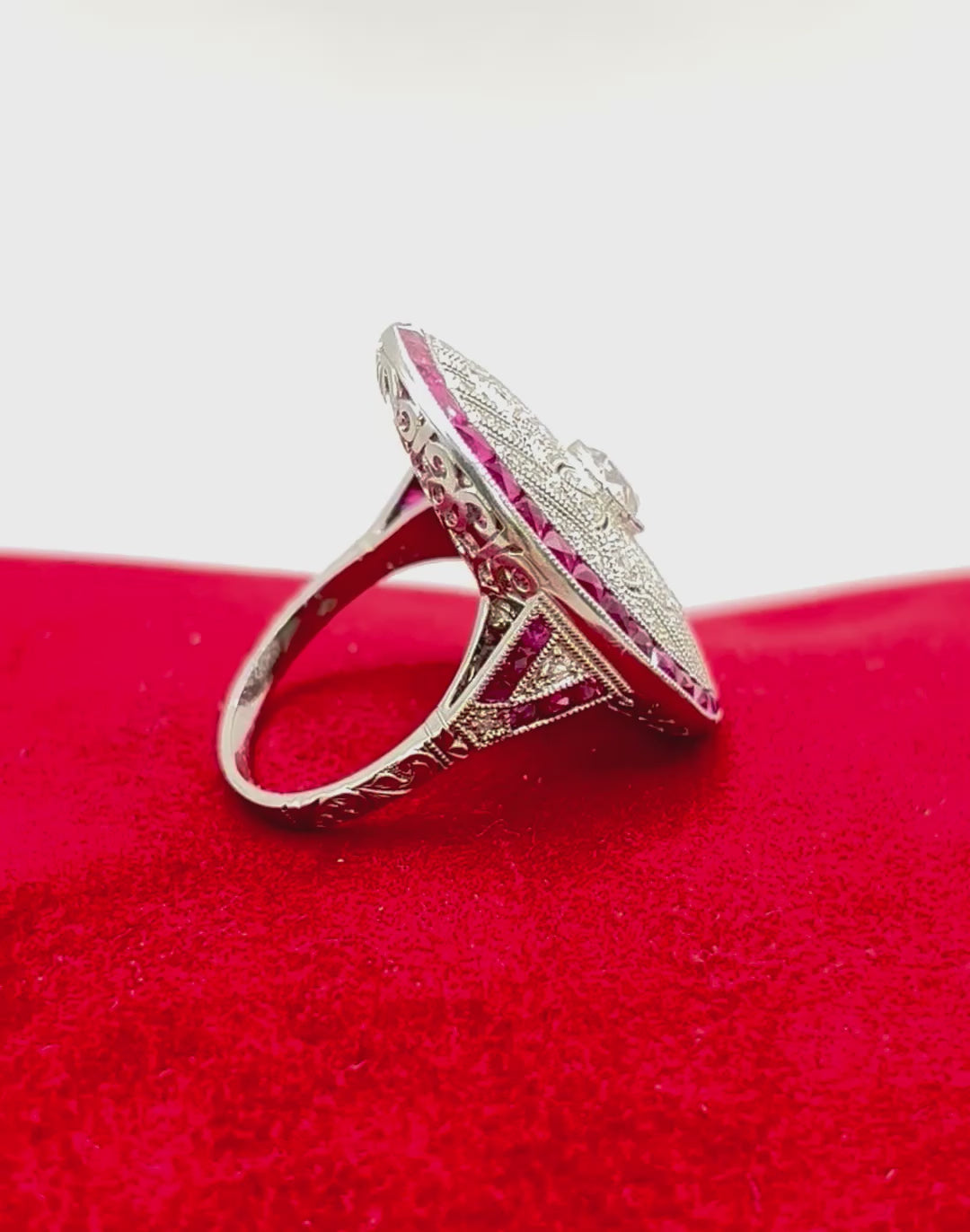 Art Deco Style Platinum Diamond, Calibre Ruby Plaque Ring, Old European Diamond 0.57 carats - overall diamond carat weight 2.07