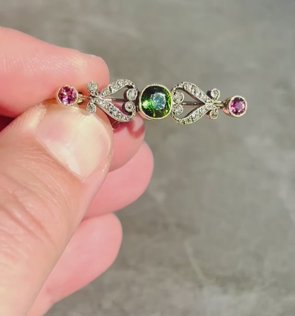 Edwardian Green & Pink Tourmaline and Diamond Bar Brooch, Circa 1900, 14K Gold