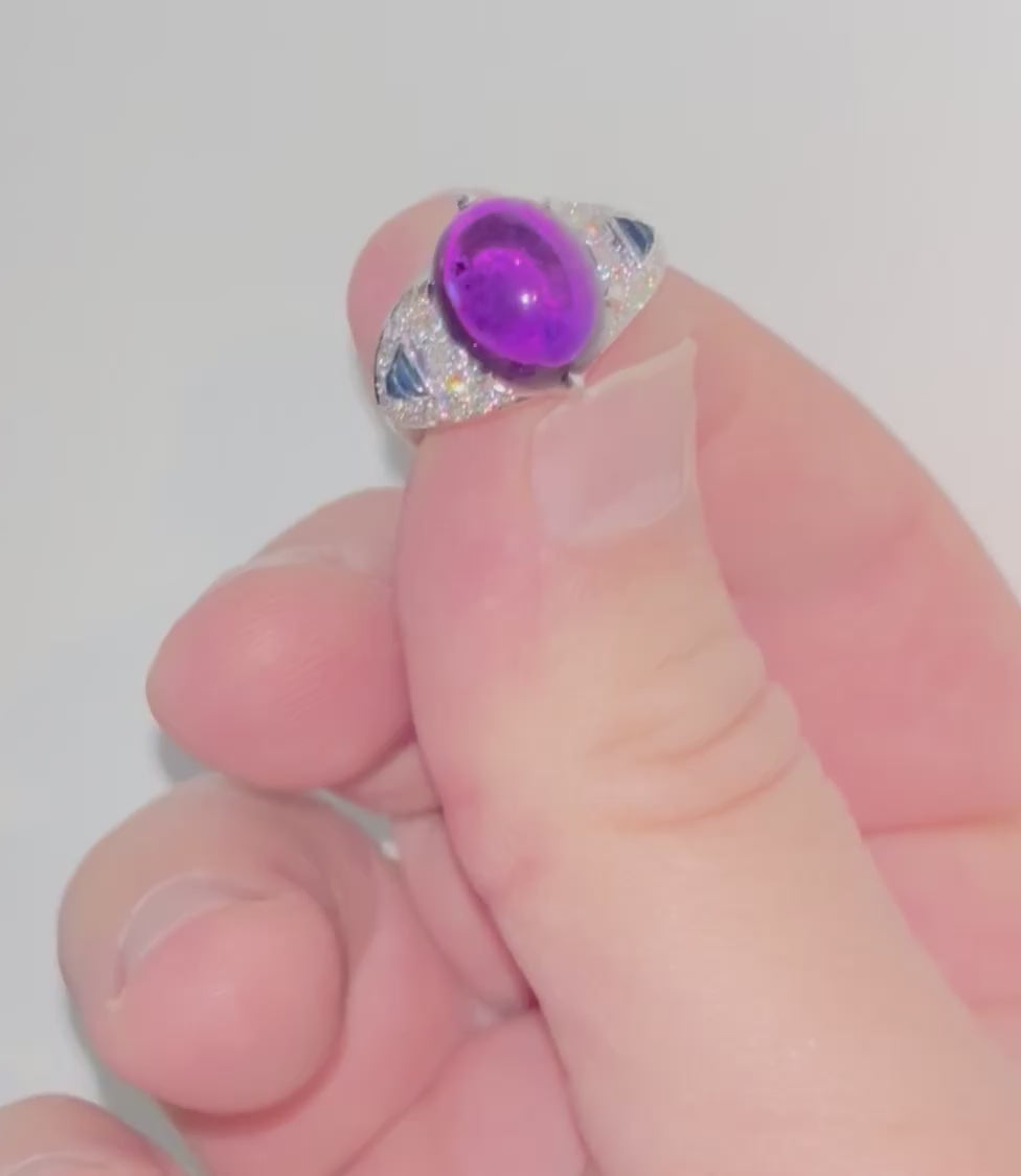 Amethyst, Sapphire and Diamond Ring, Late 20th Century, 18K White Gold