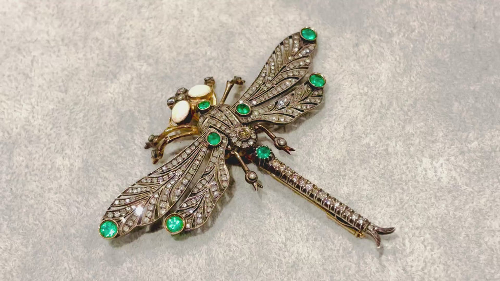 Antique French Diamond, Emerald & Opal En Tremblant Dragonfly Brooch, c.1930–1940