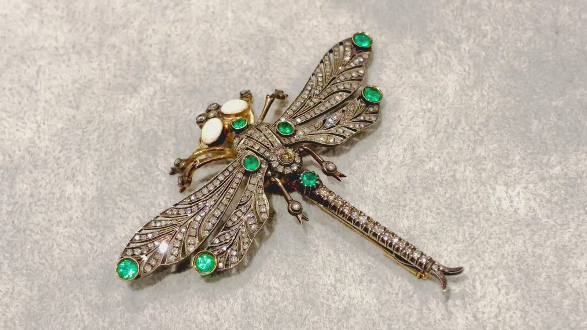 Antique French Diamond, Emerald & Opal En Tremblant Dragonfly Brooch, c.1930–1940
