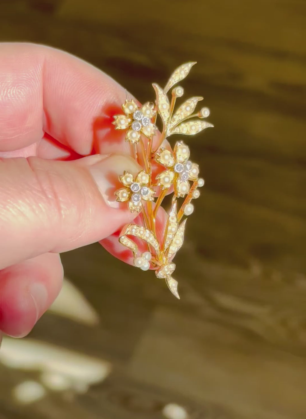 Victorian Pearl Diamond Floral Spray Brooch, 15 Carat Gold, Circa 1880