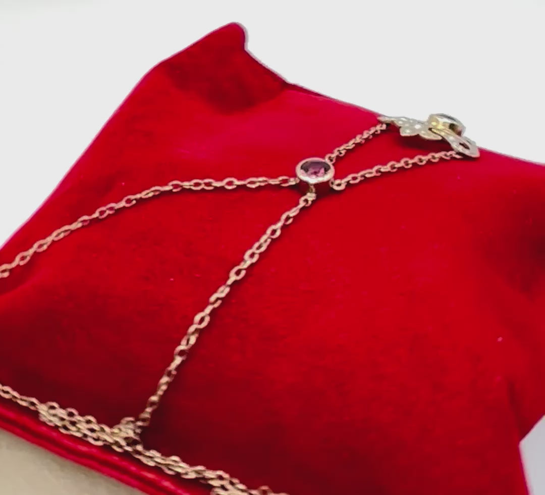 Edwardian 9ct Gold Pink & Apple Green Tourmaline Lavaliere Necklace with Pearls