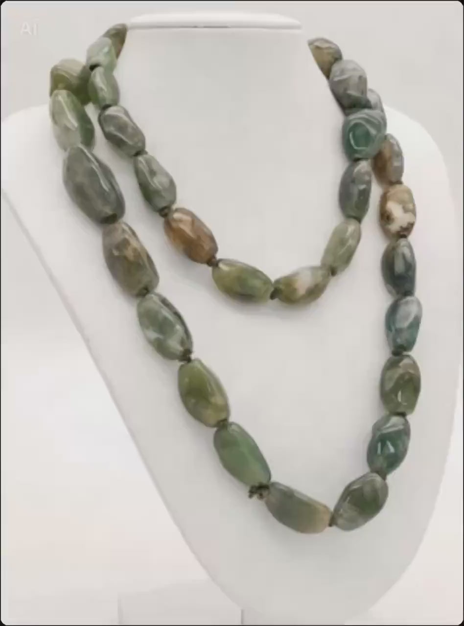 Vintage 1920s–40s Moss Agate Long Necklace