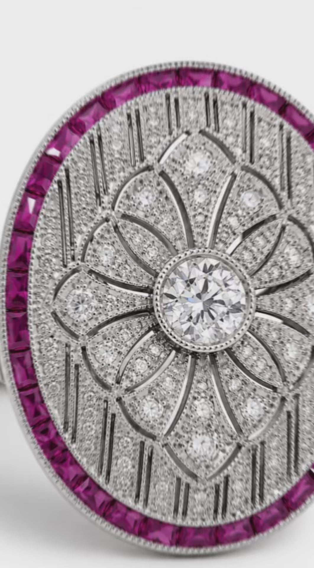 Art Deco Style Platinum Diamond, Calibre Ruby Plaque Ring, Old European Diamond 0.57 carats - overall diamond carat weight 2.07