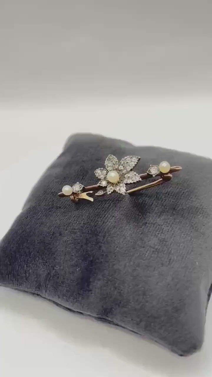 Early 20th Century Diamond and Pearl Maple Leaf Bar Brooch in Silver and Gold