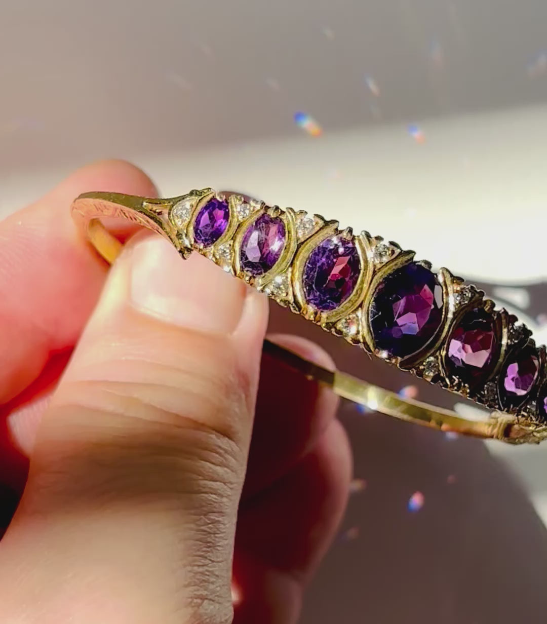 Victorian-Inspired Handmade Gold Graduated Amethyst and Diamond Hinged Bangle