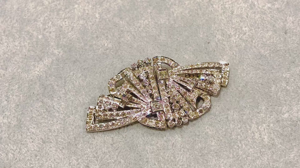Large Art Deco Platinum Diamond Double Clip Brooch, 5.50 Carats, French Atelier, circa 1928-1935