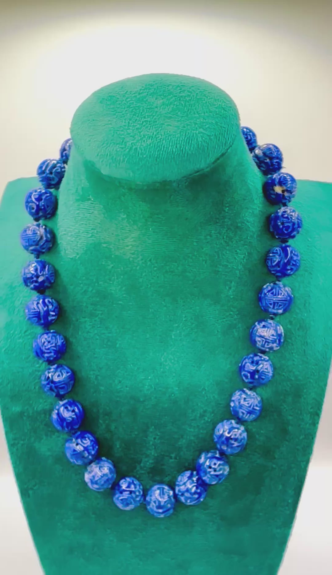 Vintage Carved Lapis Lazuli Bead Necklace with Diamond Set 14 Karat Gold Clasp