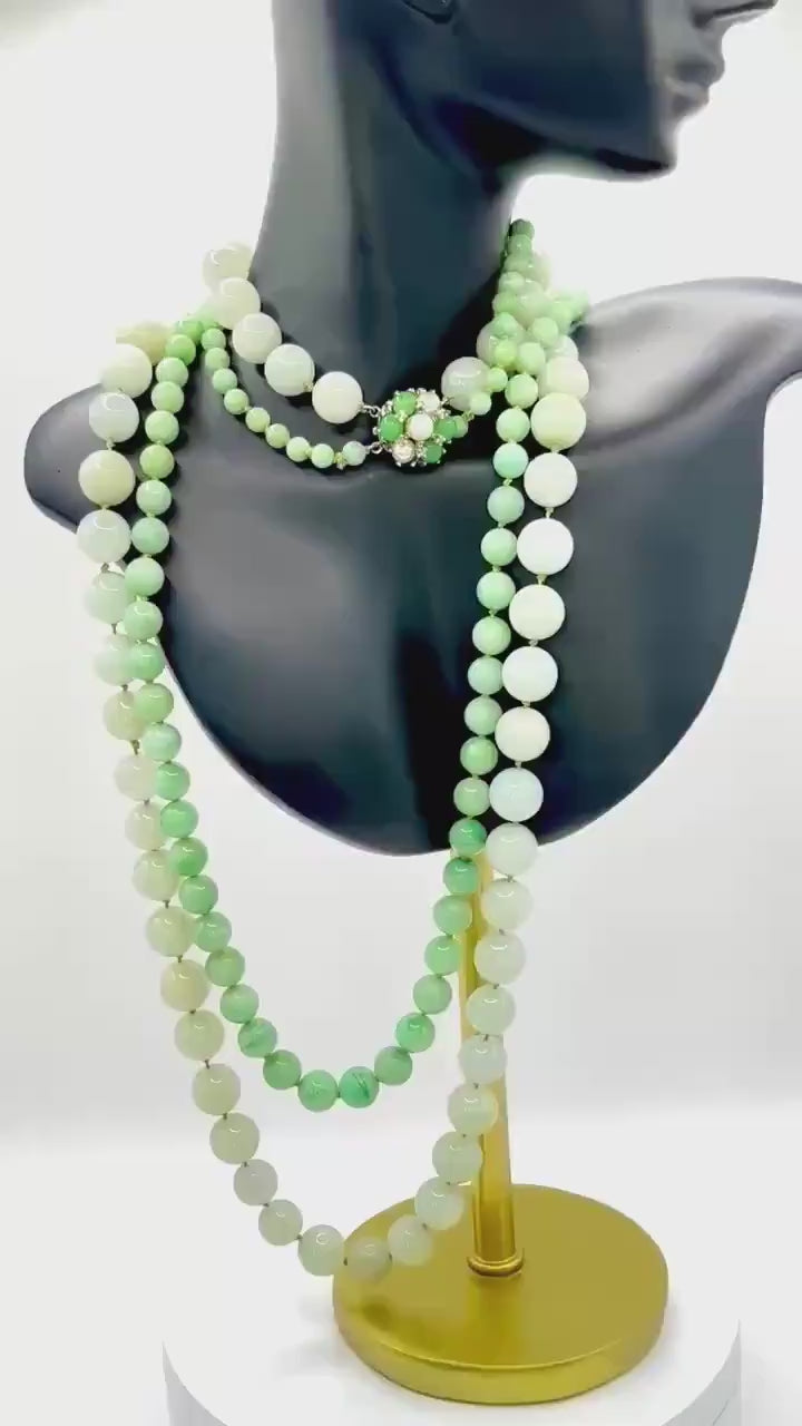 Certified Double Strand Natural Jade Bead Necklace, 14k Diamond Pearl Clasp, Statement Piece
