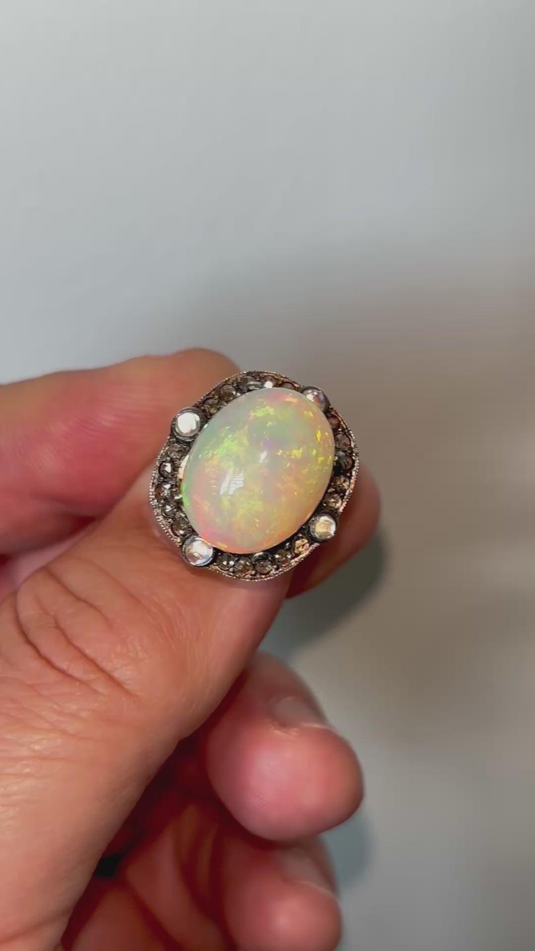Late Victorian Certified 13.5 Carat Precious Opal Diamond Cluster Ring