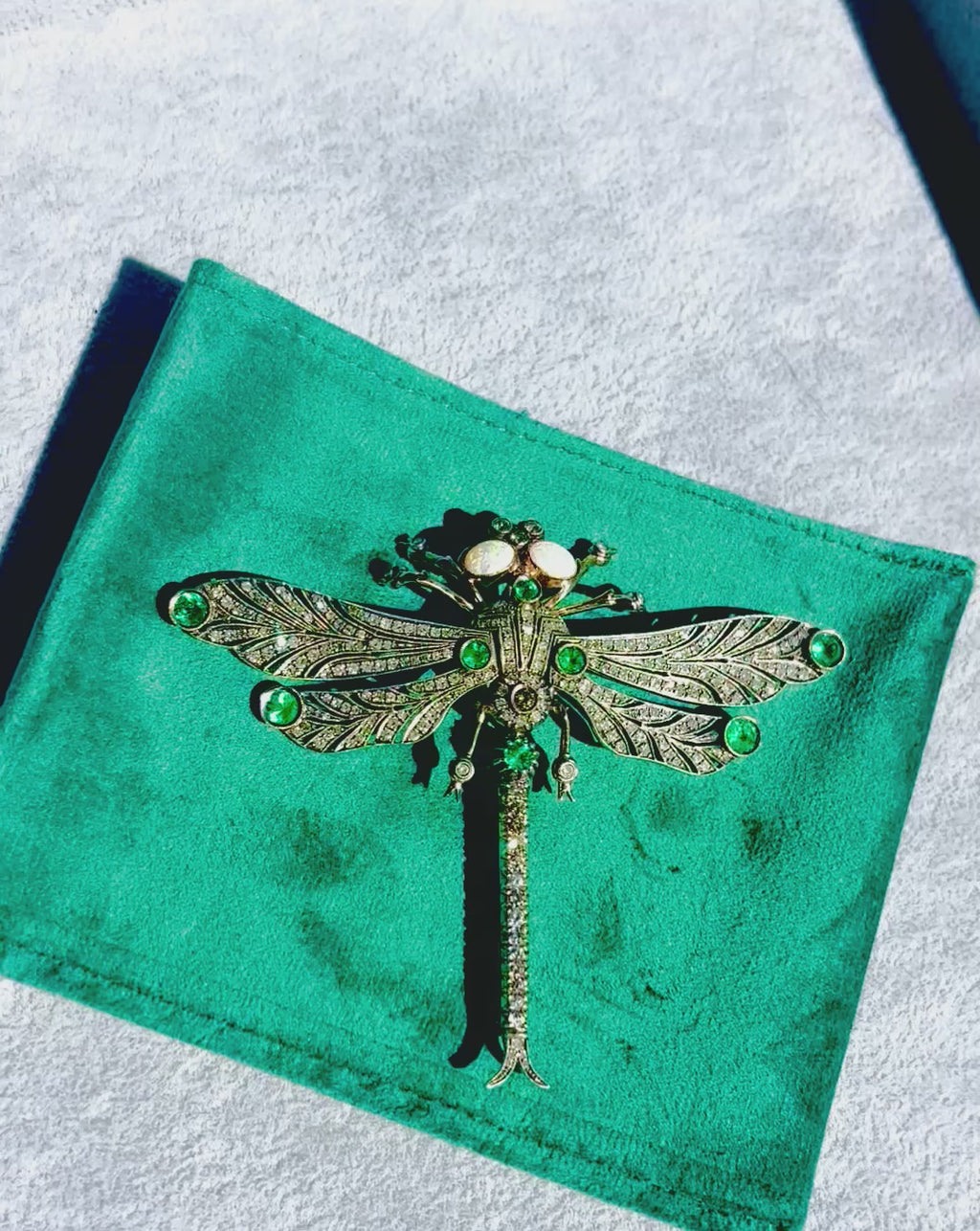 Antique French Diamond, Emerald & Opal En Tremblant Dragonfly Brooch, c.1930–1940