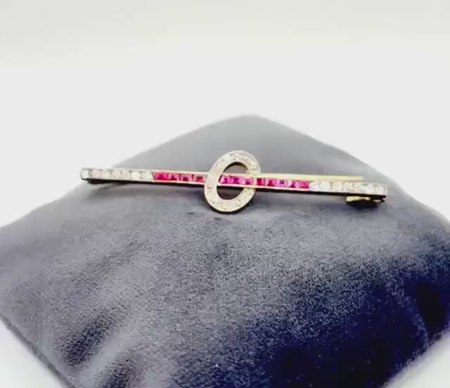 1920s Austrian Ruby and Diamond Bar Brooch in 14ct Gold